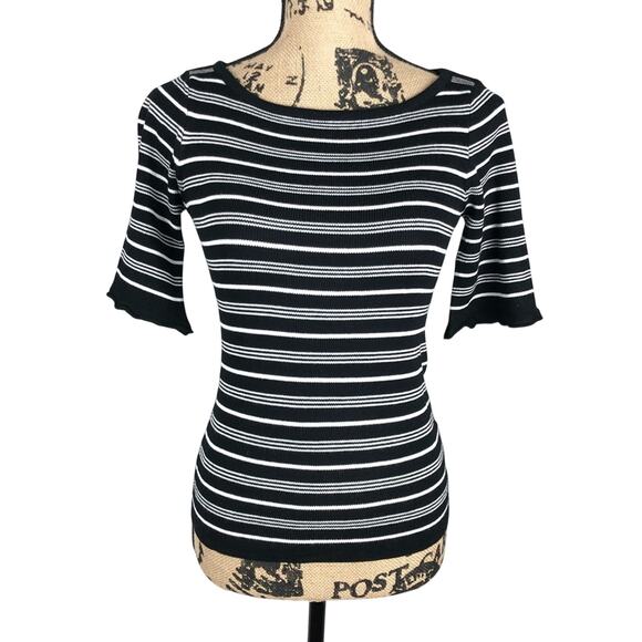 ModCloth NWOT Ruffle Knit Top Stripe Size XXS Half Sleeve Black White Boat Neck - Picture 2 of 8